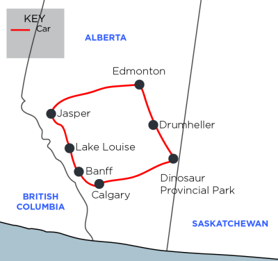 Alberta Lakes, Glaciers & Dinosaurs map
